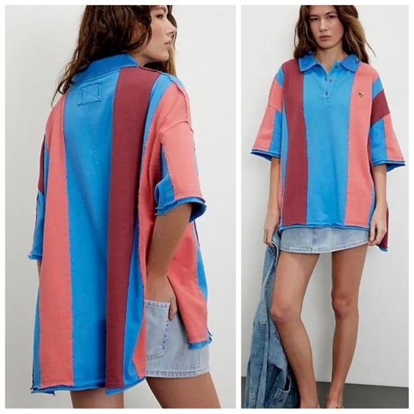 We The Free Too Cool For School Polo Shirt Oversized Blue Jay Color Block Large - Picture 1 of 12